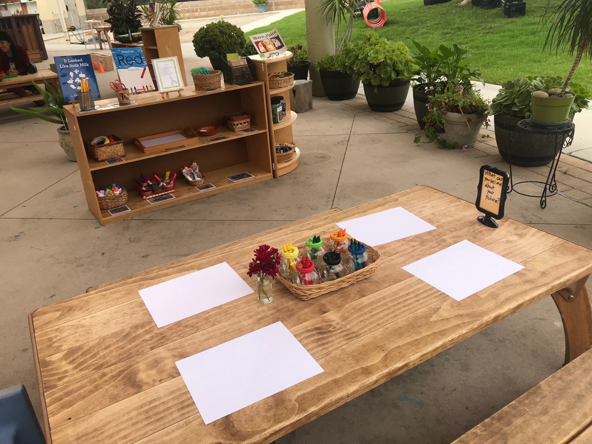 picture of outdoor art table with crayons and paper